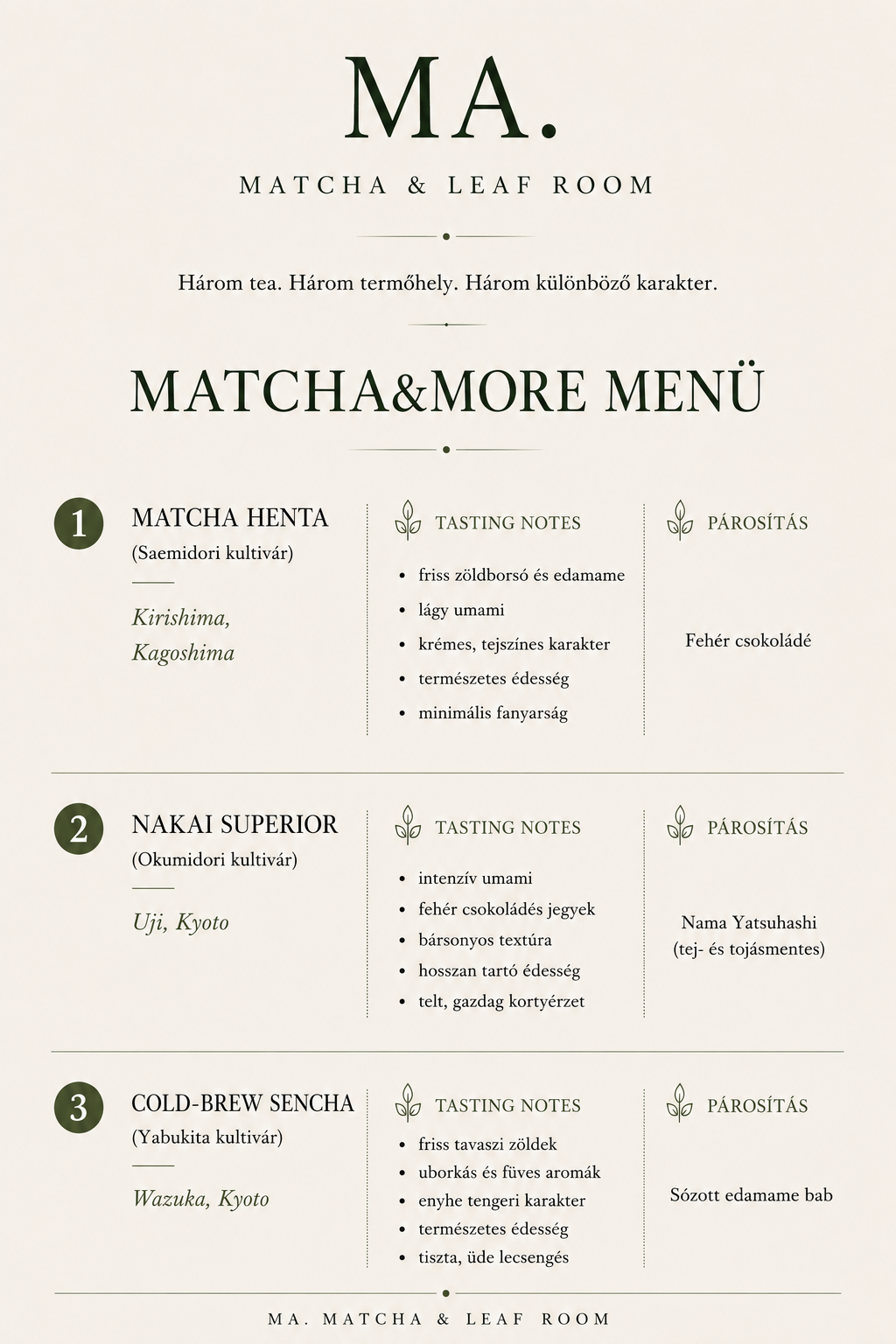 The Matcha&More tasting menu — MA. Matcha & Leaf Room: three teas, three origins, three characters, with tasting notes and pairings for each
